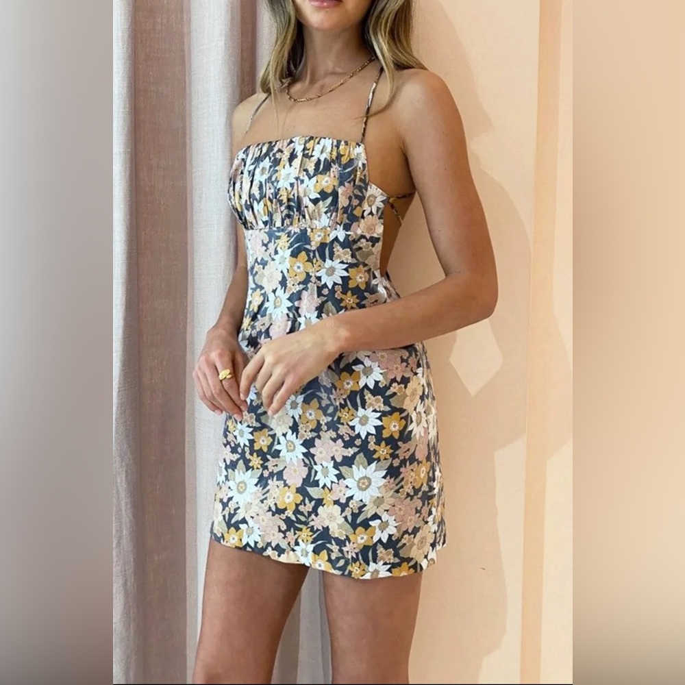 Revolve Rumer Paloma Mini Dress Black ShimmerFloral design Open Back Ruched Top